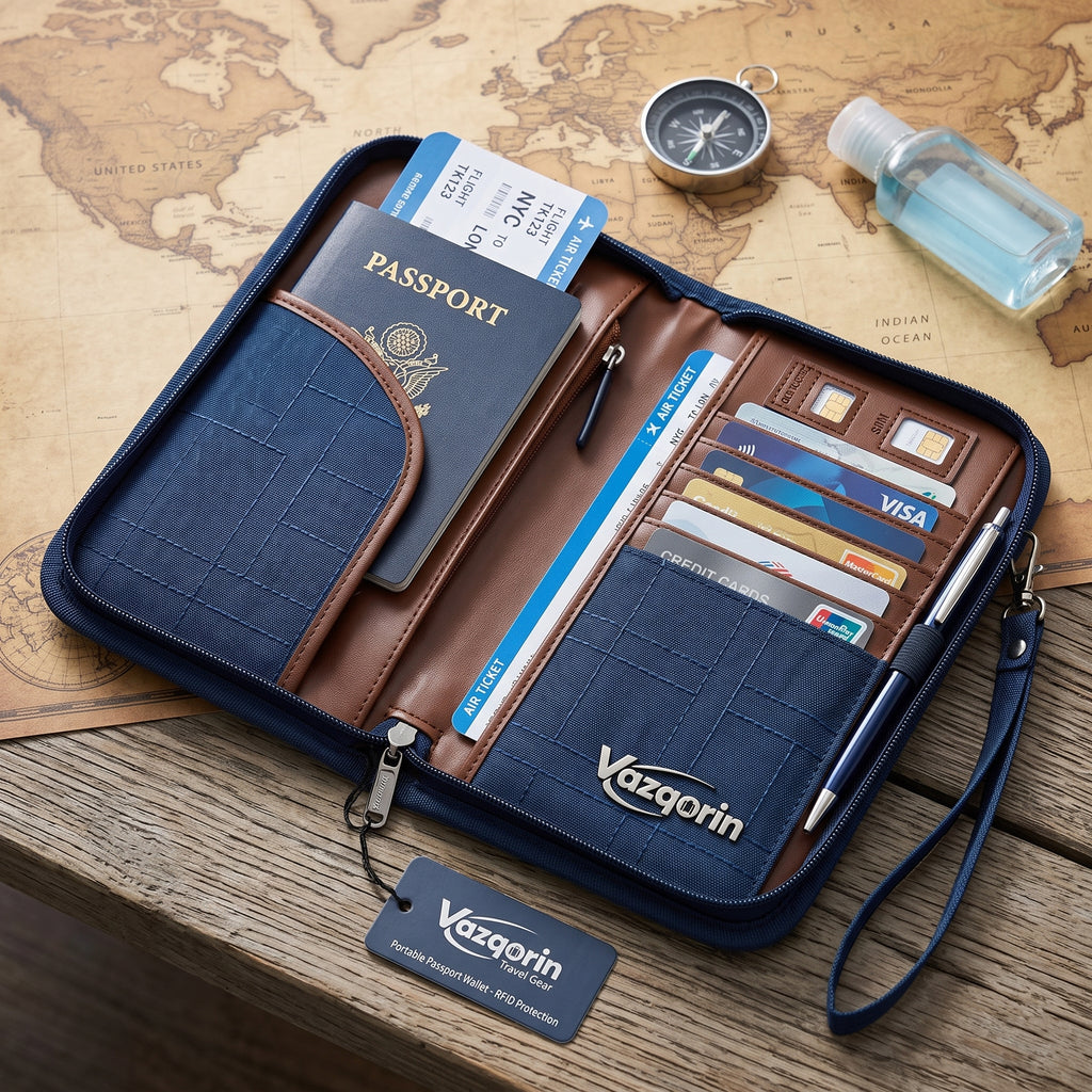 Vazqorin™ RFID-Blocking Travel Passport Wallet &amp; Document Organizer with Removable Wristlet Strap