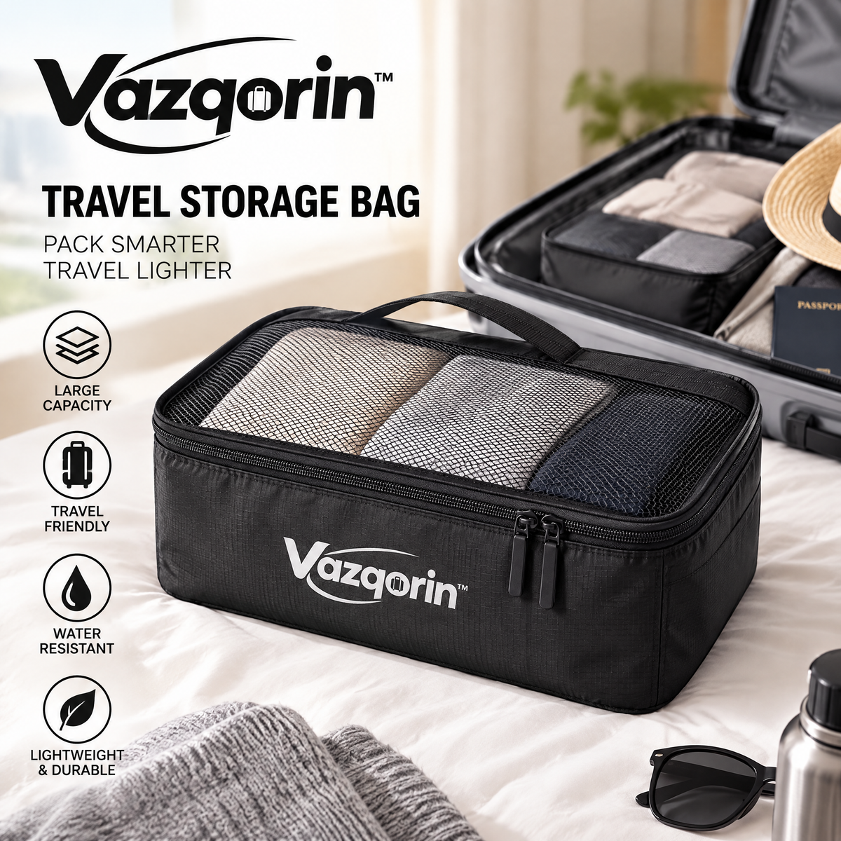 Vazqorin™ Travel Packing Cube – Lightweight, Water-Resistant Luggage Organizer Bag with Breathable Mesh Top