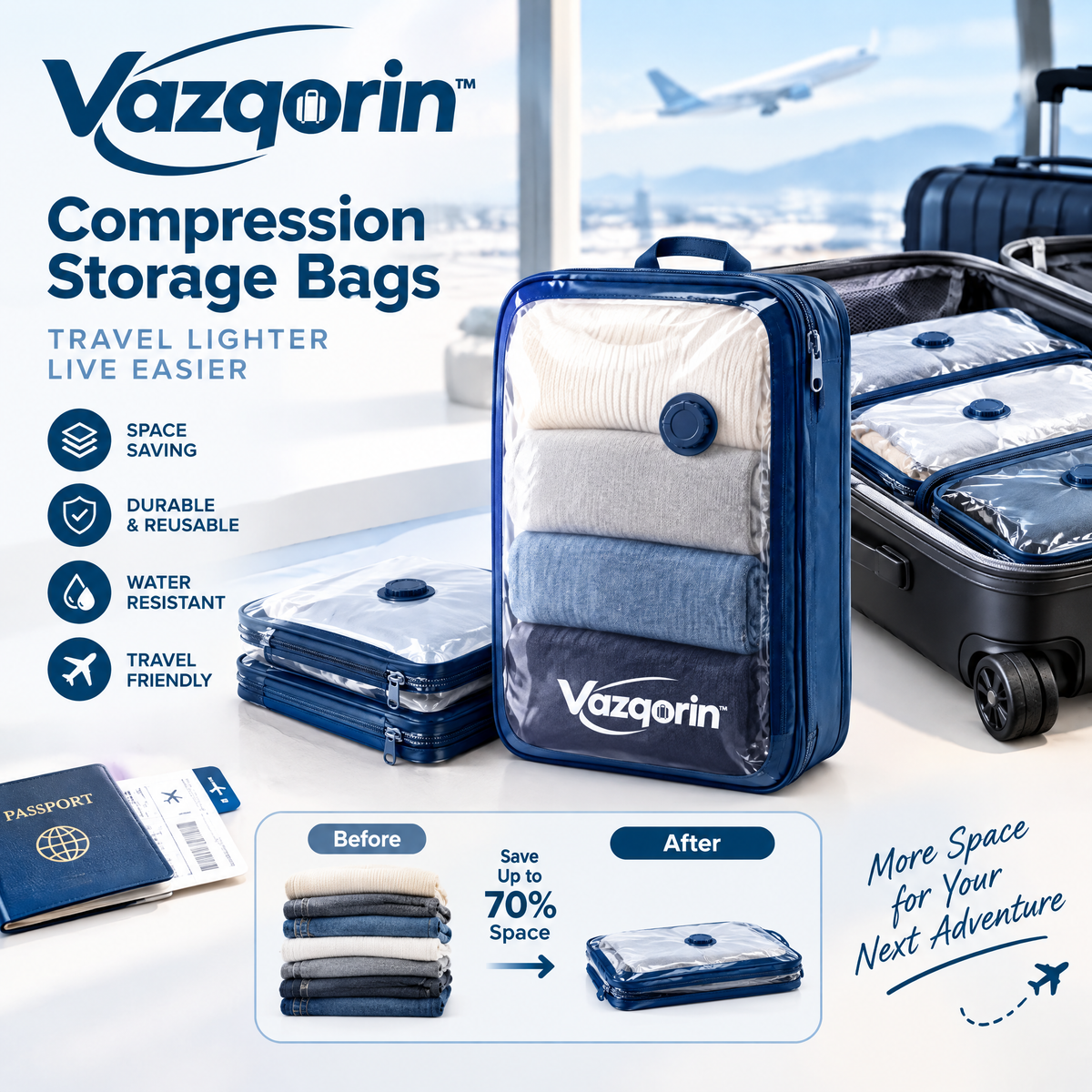 Vazqorin™ Compression Storage Bags – Space-Saving Vacuum Packing Organizers for Luggage &amp; Travel (Up to 70% Space Saver)