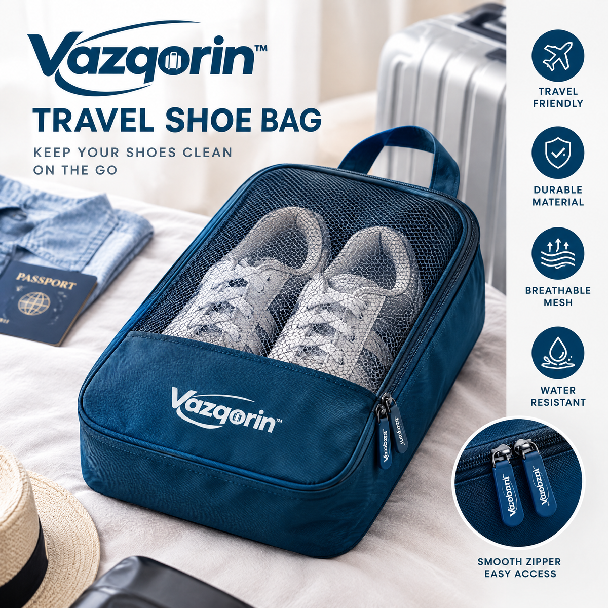 Vazqorin™ Breathable Travel Shoe Bag – Durable Mesh Shoe Organizer Pouch with Handle for Luggage &amp; Suitcases