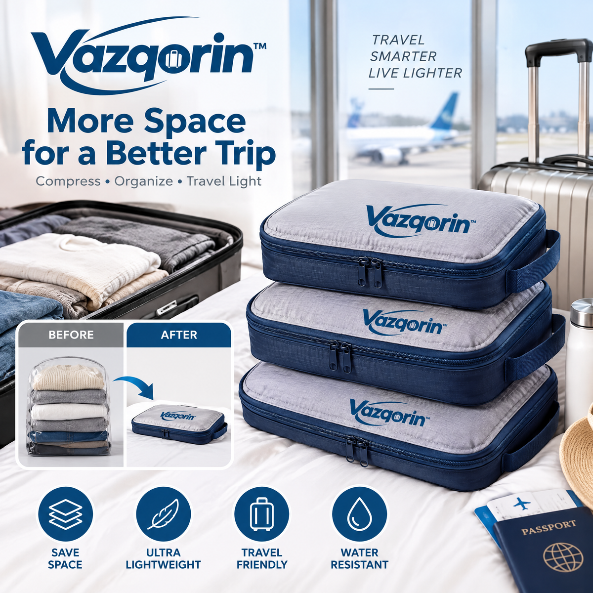 Vazqorin™ Compression Packing Cubes – Ultra-Lightweight Space Saver Luggage Organizers, Water-Resistant Travel Bags for Suitcases &amp; Carry-Ons