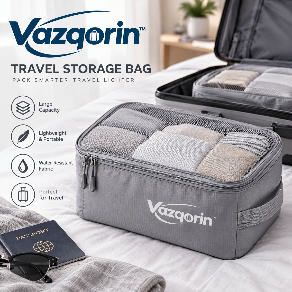 Vazqorin™ Travel Storage Bag, Lightweight Water-Resistant Packing Cube with Breathable Mesh Top for Suitcases &amp; Luggage