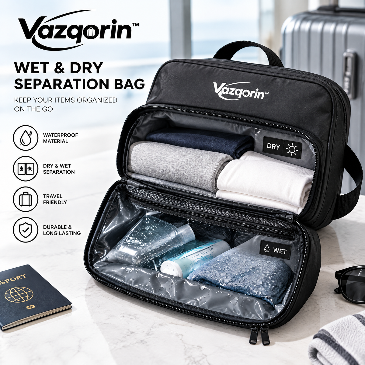 Vazqorin™ Wet &amp; Dry Separation Travel Bag – Waterproof Dual-Compartment Organizer for Clothes, Toiletries &amp; Gym Essentials