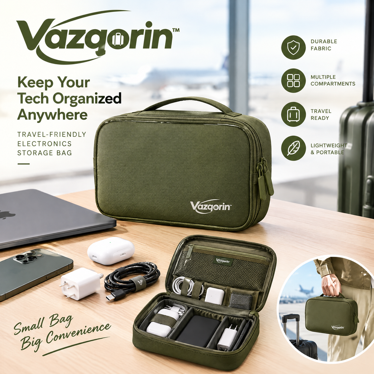 Vazqorin™ Travel Electronics Organizer Bag – Compact Cable &amp; Tech Accessory Pouch with Handle, Water-Resistant Small Gadget Storage Case for Chargers, Cords, and Power Banks (Olive Green)