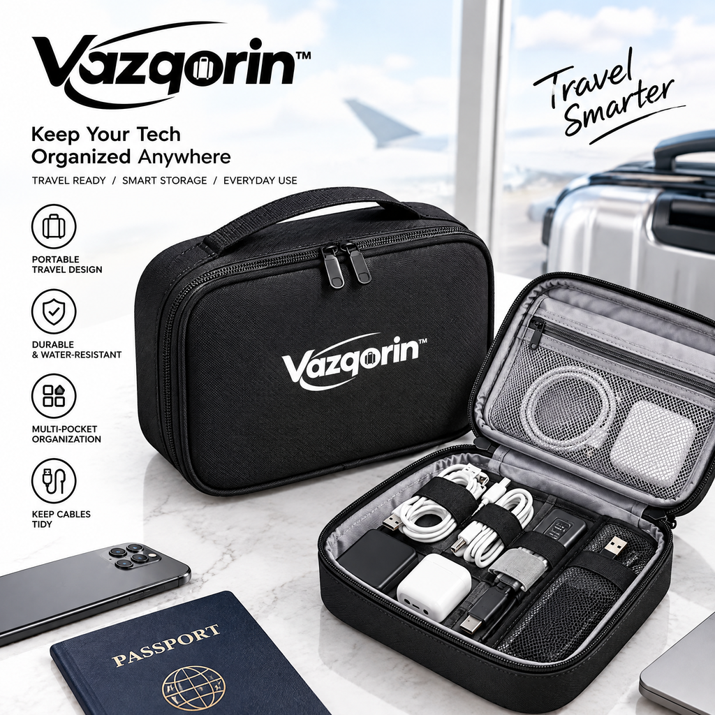 Vazqorin™ Travel Cable Organizer Bag – Portable Water-Resistant Tech Pouch &amp; Electronics Accessories Case for Chargers, Cords, and Everyday Gadgets