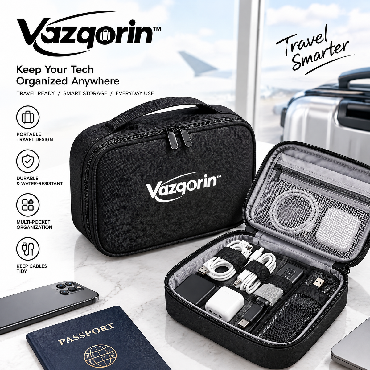 Vazqorin™ Travel Cable Organizer Bag – Portable Water-Resistant Tech Pouch &amp; Electronics Accessories Case for Chargers, Cords, and Everyday Gadgets