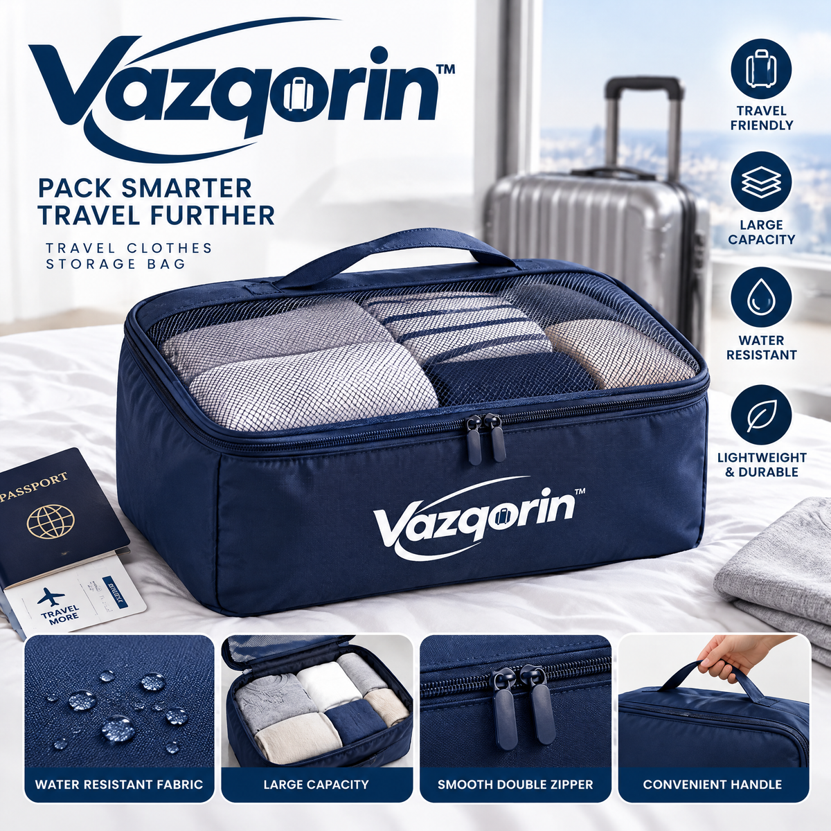 Vazqorin™ Travel Clothes Storage Bag - Large Capacity Water-Resistant Packing Cube with Handle &amp; Breathable Mesh for Suitcases