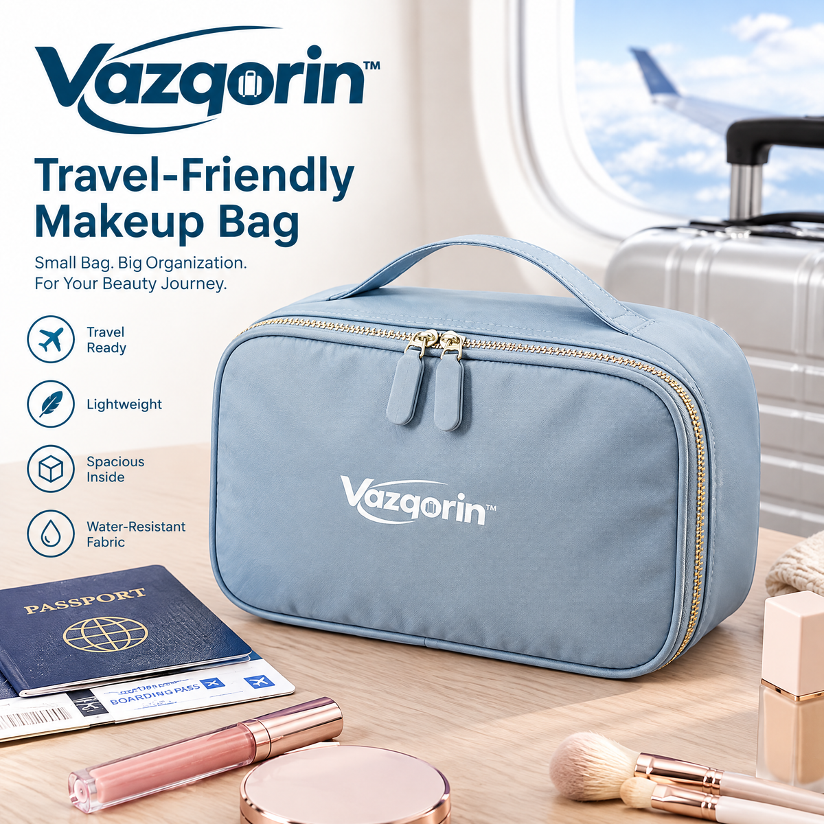 Vazqorin™ Travel Makeup Bag – Lightweight, Water-Resistant Cosmetic Organizer with Handle (Slate Blue)