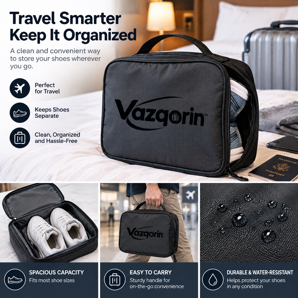 Vazqorin™ Portable Travel Shoe Bag – Durable Zippered Luggage Shoe Organizer Cube with Top Handle