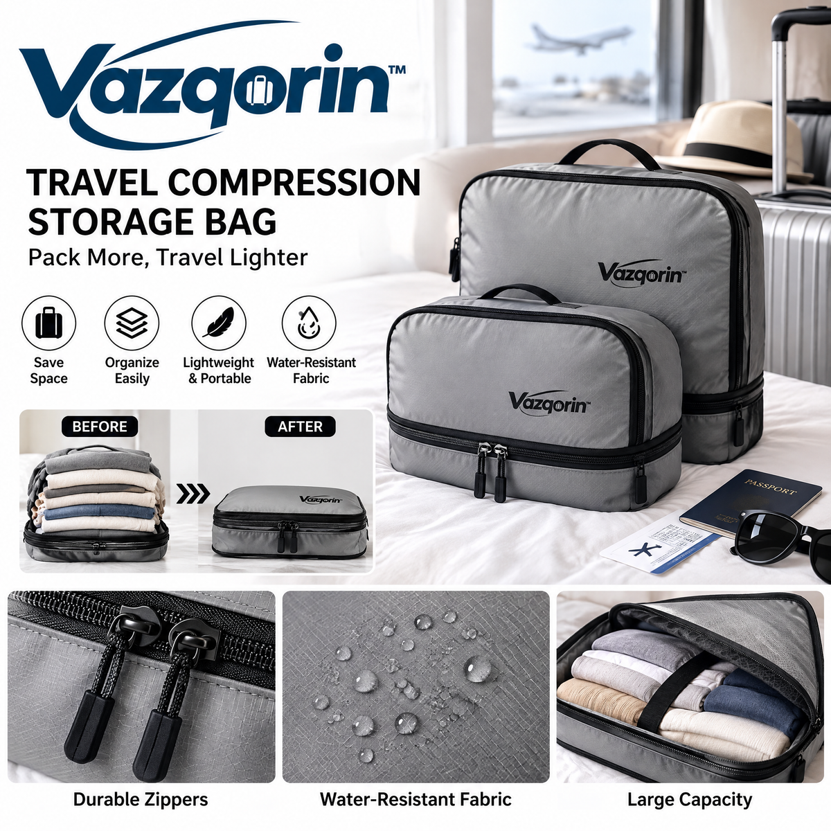 Vazqorin™ Travel Compression Packing Cubes – Lightweight, Water-Resistant Luggage Organizer Bags with Heavy-Duty Zippers