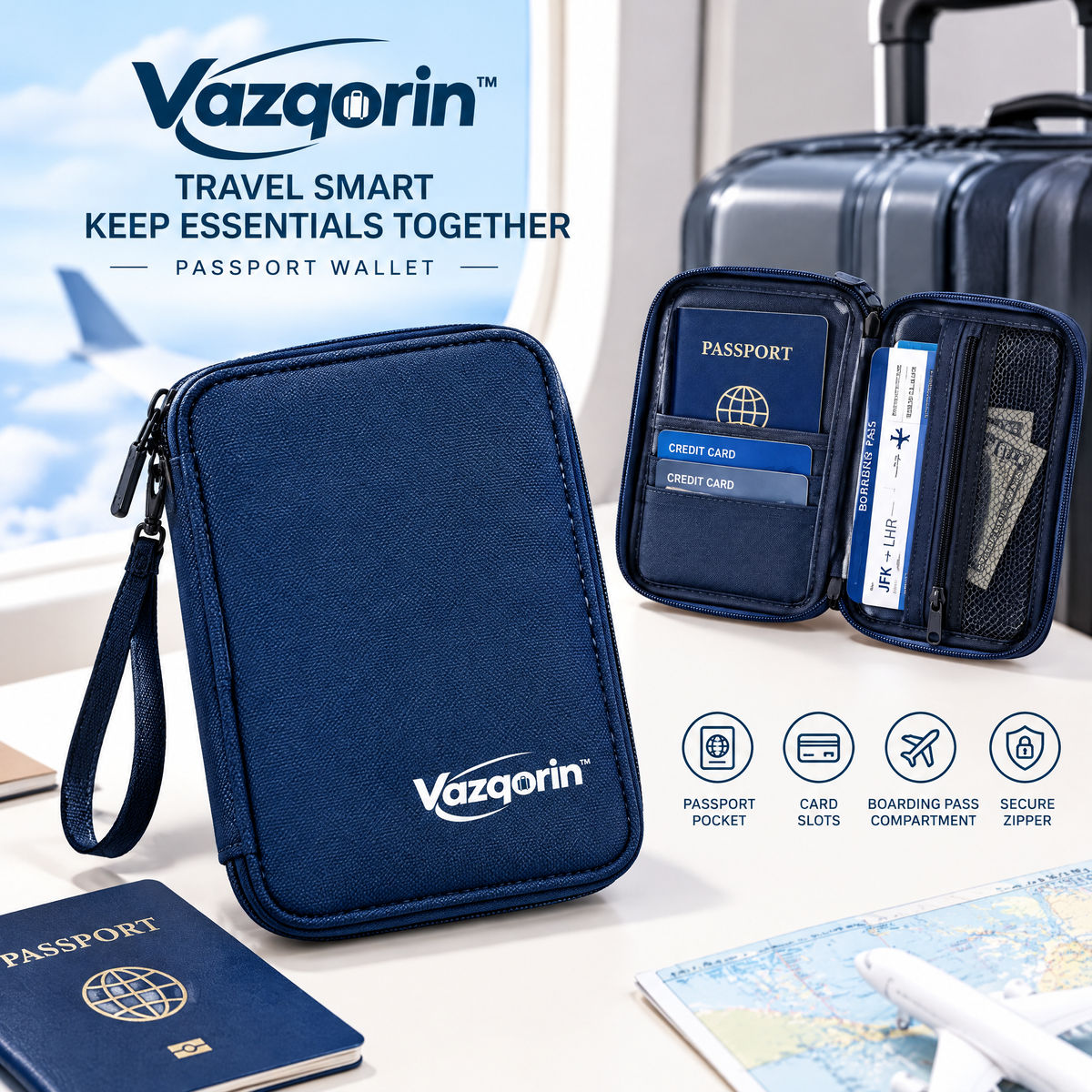 Vazqorin™ Zippered Passport Wallet – Compact Travel Document Organizer with Wristlet Strap, Card Slots &amp; Boarding Pass Pocket (Navy Blue)