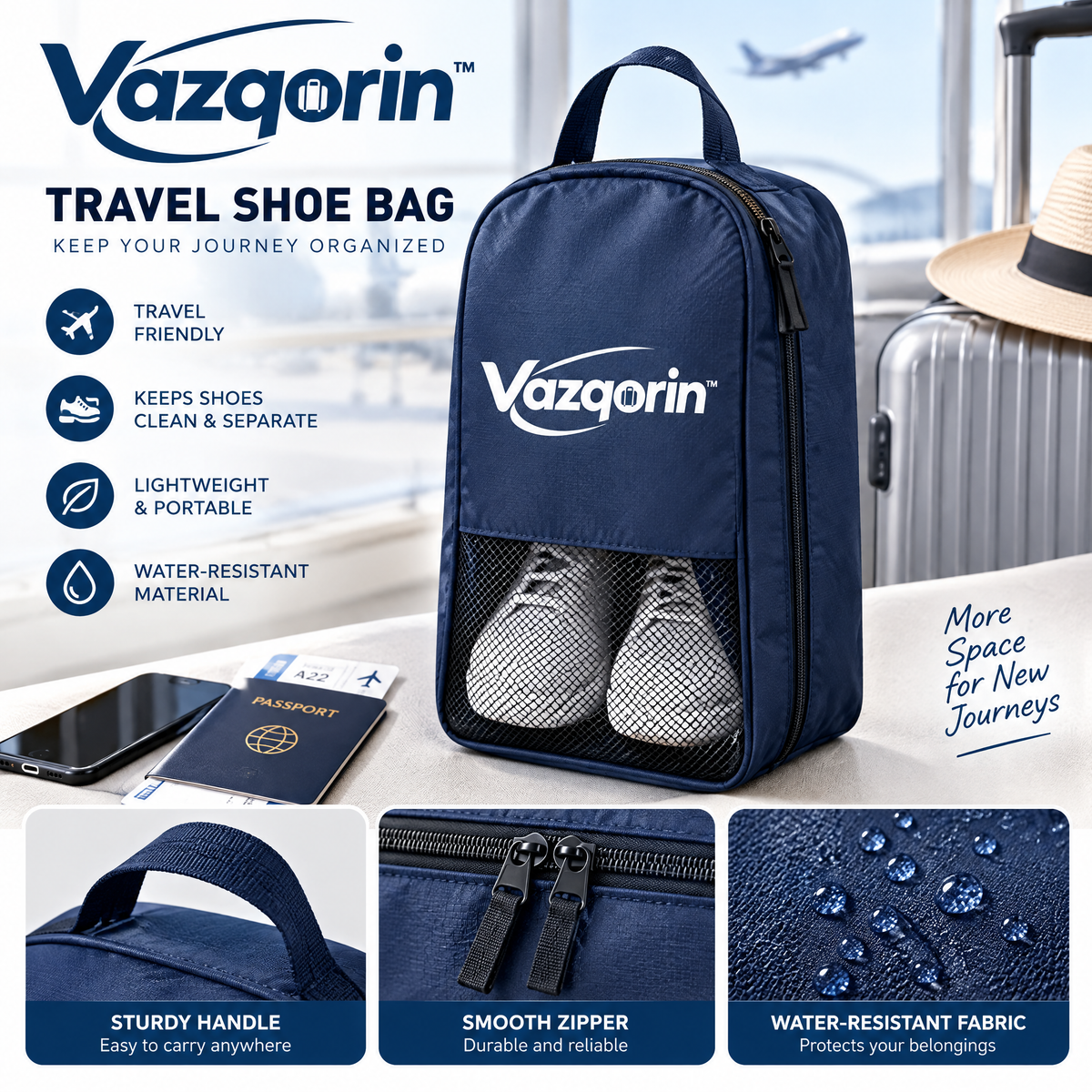 Vazqorin™ Portable Travel Shoe Bag, Water-Resistant Shoe Pouch with Breathable Mesh &amp; Sturdy Handle for Luggage and Gym