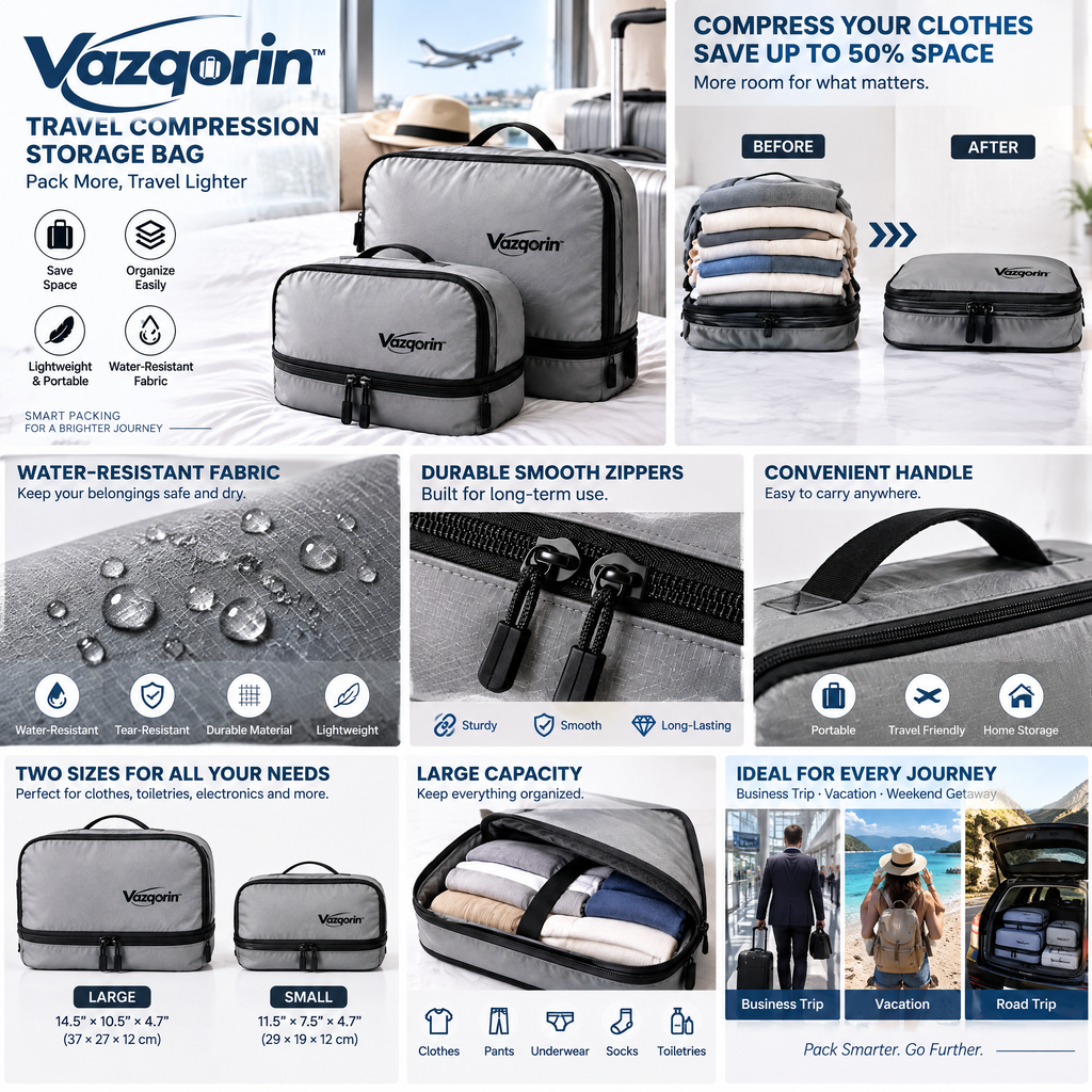 Vazqorin™ Travel Compression Packing Cubes – Lightweight, Water-Resistant Luggage Organizer Bags with Heavy-Duty Zippers