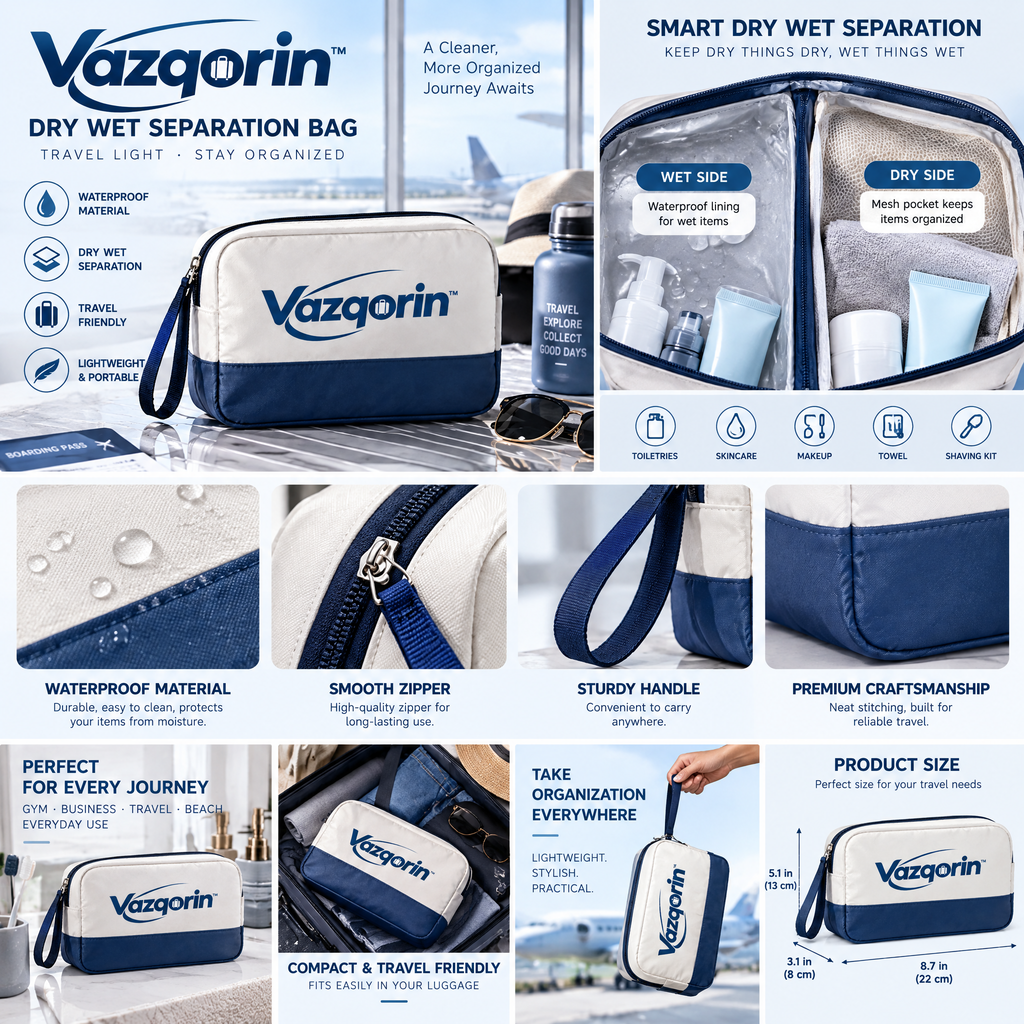 Vazqorin™ Dry Wet Separation Travel Bag – Waterproof Dual-Compartment Toiletry &amp; Cosmetic Pouch, Portable Lightweight Organizer for Travel, Gym, and Beach
