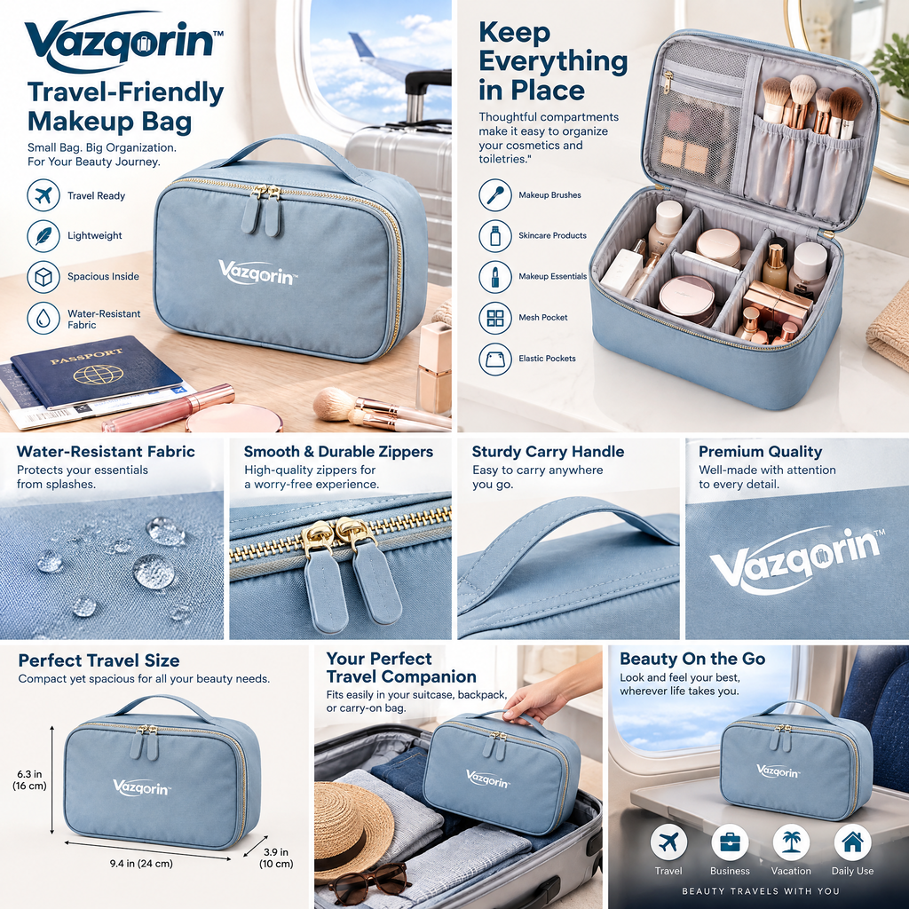 Vazqorin™ Travel Makeup Bag – Lightweight, Water-Resistant Cosmetic Organizer with Handle (Slate Blue)