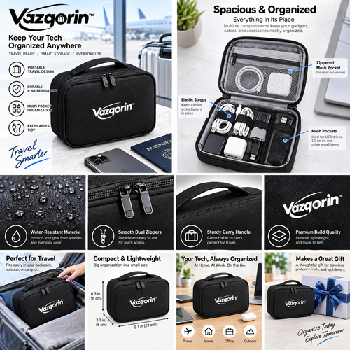 Vazqorin™ Travel Cable Organizer Bag – Portable Water-Resistant Tech Pouch &amp; Electronics Accessories Case for Chargers, Cords, and Everyday Gadgets