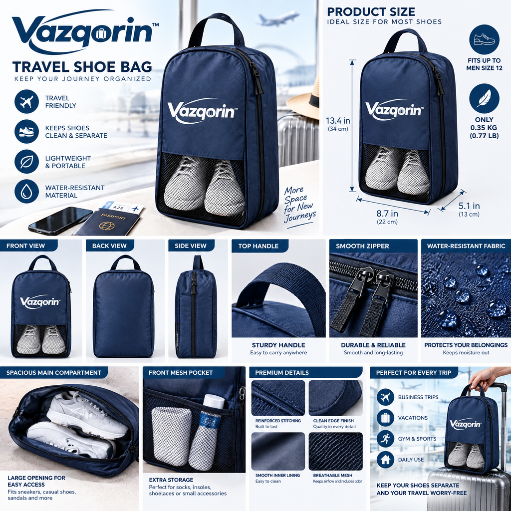 Vazqorin™ Portable Travel Shoe Bag, Water-Resistant Shoe Pouch with Breathable Mesh &amp; Sturdy Handle for Luggage and Gym