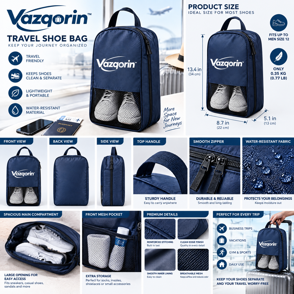 Vazqorin™ Portable Travel Shoe Bag, Water-Resistant Shoe Pouch with Breathable Mesh &amp; Sturdy Handle for Luggage and Gym