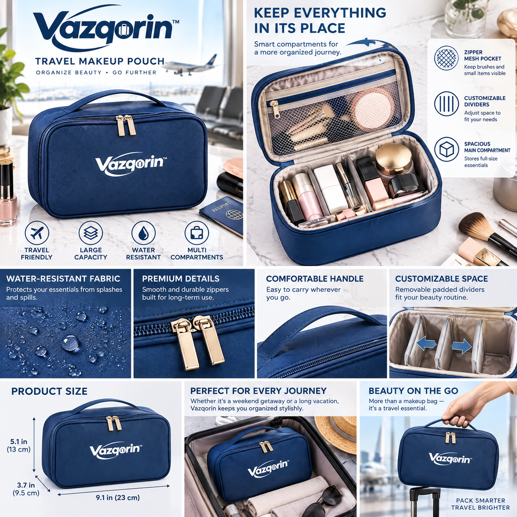 Vazqorin™ Travel Makeup Pouch – Large Capacity Water-Resistant Cosmetic Bag &amp; Toiletry Organizer with Compartments