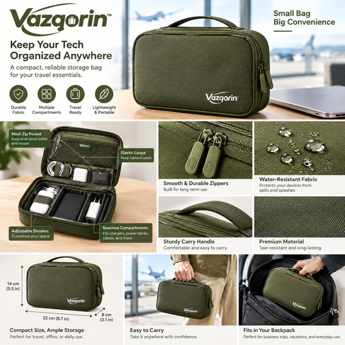 Vazqorin™ Travel Electronics Organizer Bag – Compact Cable &amp; Tech Accessory Pouch with Handle, Water-Resistant Small Gadget Storage Case for Chargers, Cords, and Power Banks (Olive Green)