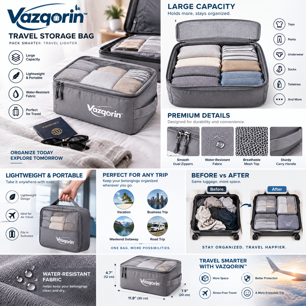 Vazqorin™ Travel Storage Bag, Lightweight Water-Resistant Packing Cube with Breathable Mesh Top for Suitcases &amp; Luggage