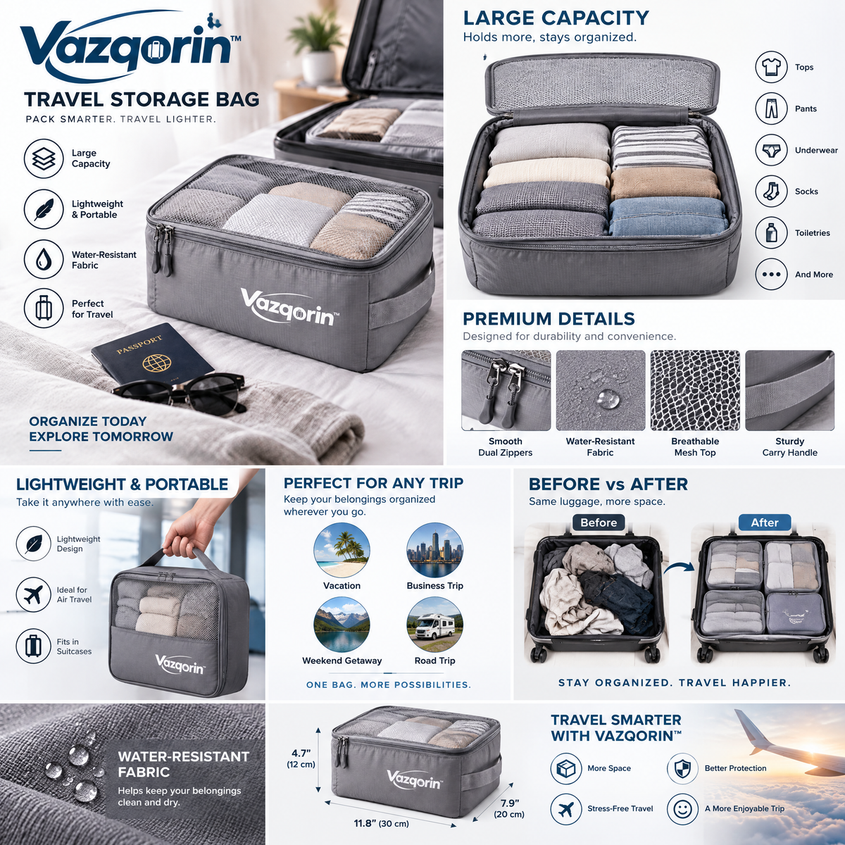 Vazqorin™ Travel Storage Bag, Lightweight Water-Resistant Packing Cube with Breathable Mesh Top for Suitcases &amp; Luggage