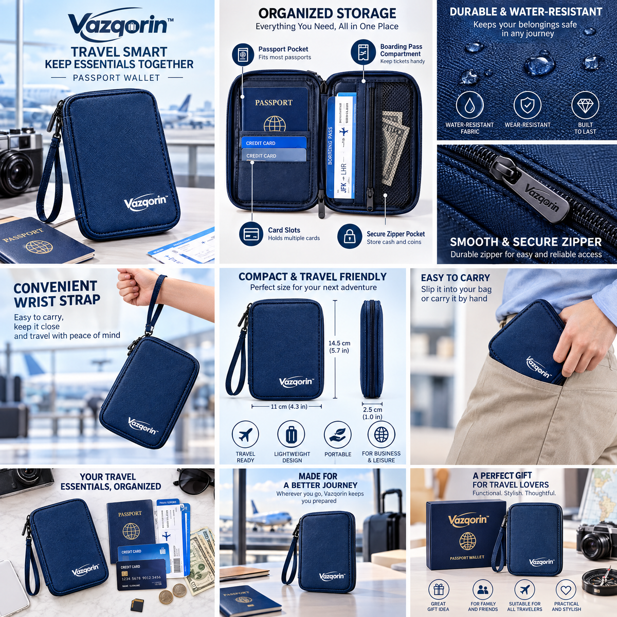 Vazqorin™ Zippered Passport Wallet – Compact Travel Document Organizer with Wristlet Strap, Card Slots &amp; Boarding Pass Pocket (Navy Blue)