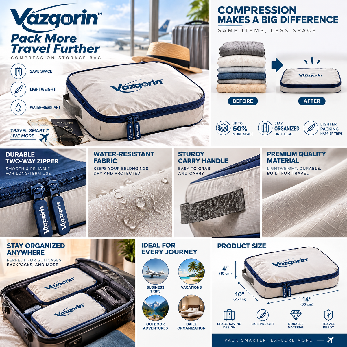 Vazqorin™ Compression Packing Cube – Lightweight, Water-Resistant Luggage Organizer for Travel