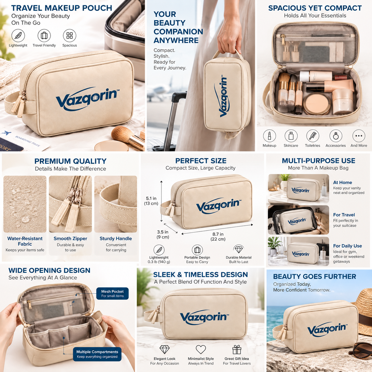 Vazqorin™ Portable Travel Makeup Pouch – Lightweight Cosmetic Bag &amp; Spacious Toiletry Organizer with Side Handle