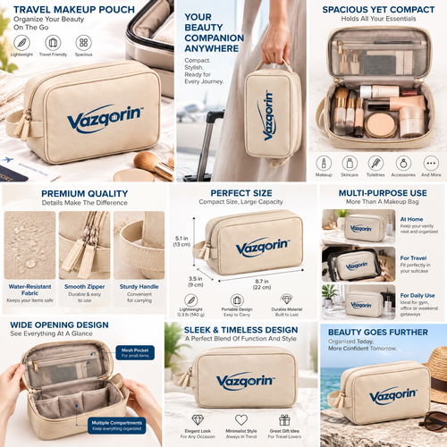 Vazqorin™ Portable Travel Makeup Pouch – Lightweight Cosmetic Bag &amp; Spacious Toiletry Organizer with Side Handle