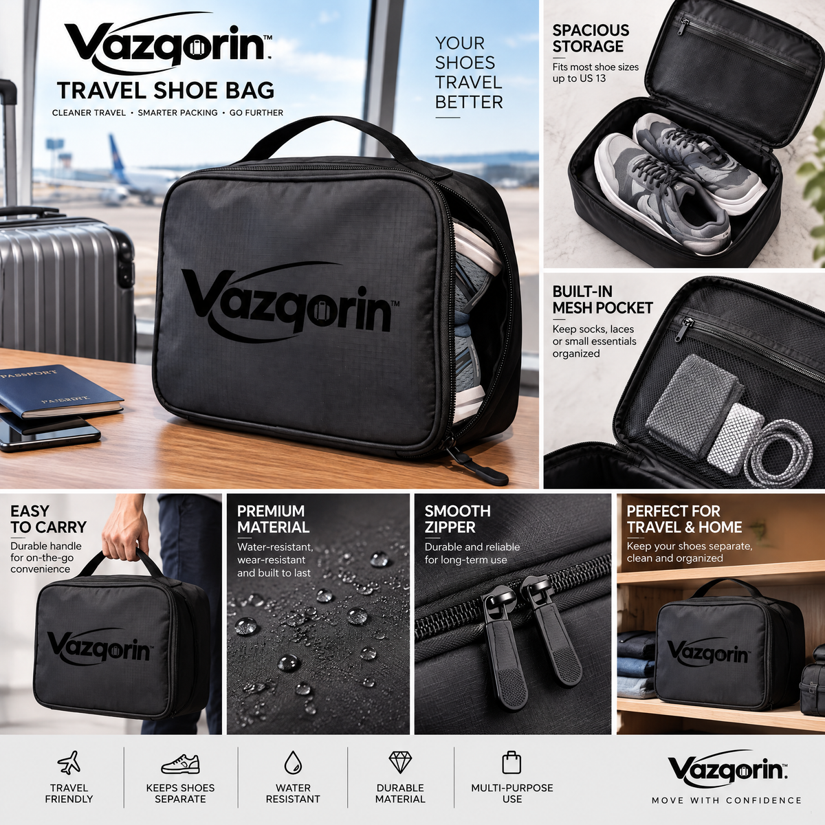 Vazqorin™ Portable Travel Shoe Bag – Durable Zippered Luggage Shoe Organizer Cube with Top Handle