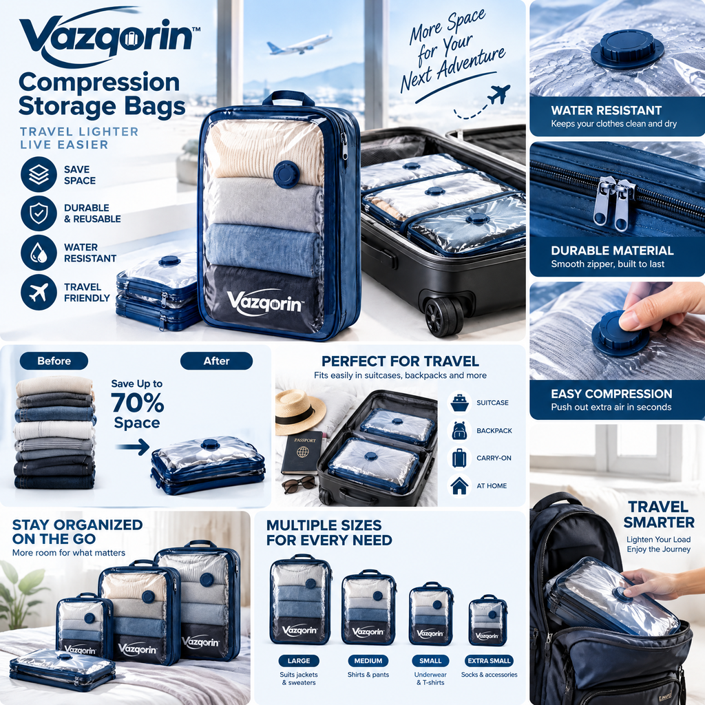 Vazqorin™ Compression Storage Bags – Space-Saving Vacuum Packing Organizers for Luggage &amp; Travel (Up to 70% Space Saver)