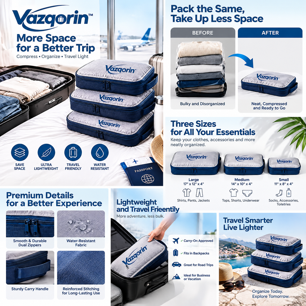 Vazqorin™ Compression Packing Cubes – Ultra-Lightweight Space Saver Luggage Organizers, Water-Resistant Travel Bags for Suitcases &amp; Carry-Ons