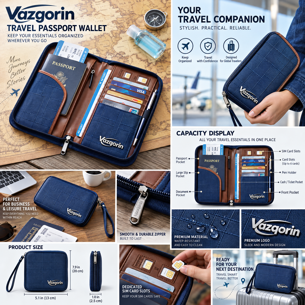 Vazqorin™ RFID-Blocking Travel Passport Wallet &amp; Document Organizer with Removable Wristlet Strap