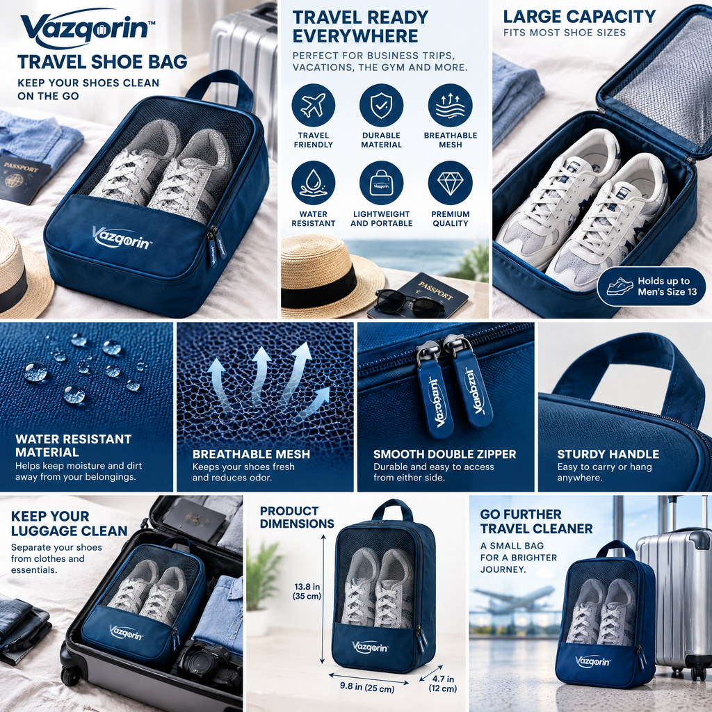 Vazqorin™ Portable Travel Shoe Bag, Water-Resistant Breathable Shoe Organizer Pouch with Handle &amp; Smooth Zipper for Luggage