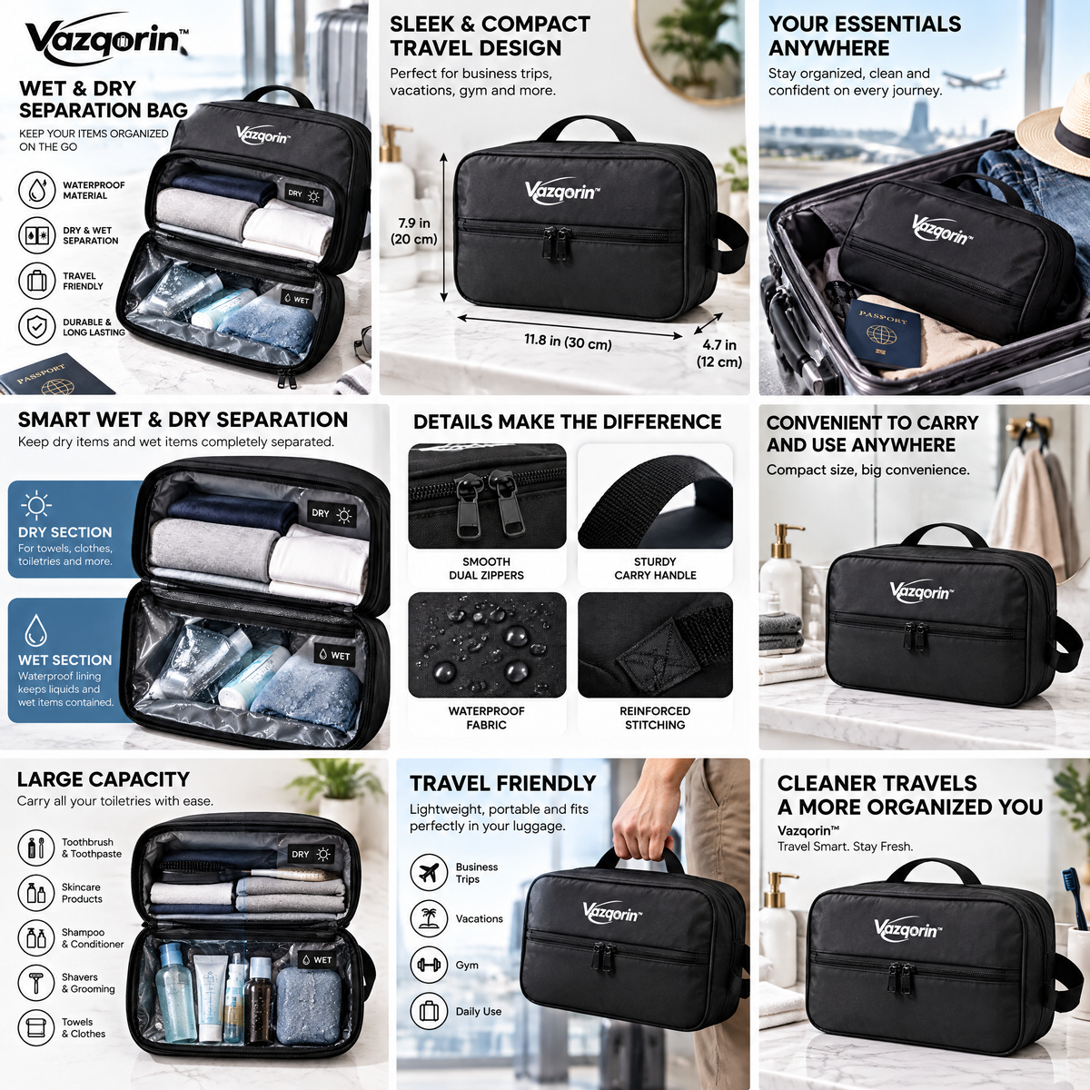 Vazqorin™ Wet &amp; Dry Separation Travel Bag – Waterproof Dual-Compartment Organizer for Clothes, Toiletries &amp; Gym Essentials