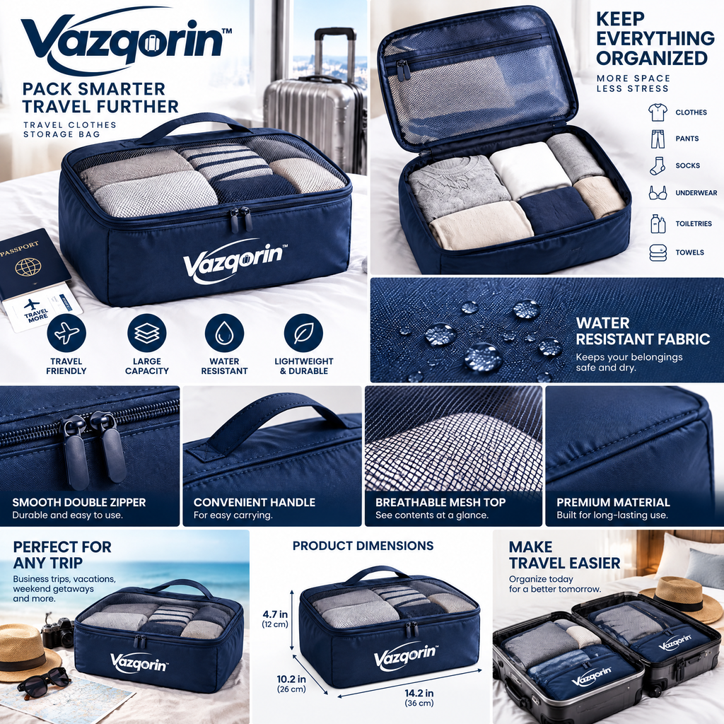 Vazqorin™ Travel Clothes Storage Bag - Large Capacity Water-Resistant Packing Cube with Handle &amp; Breathable Mesh for Suitcases
