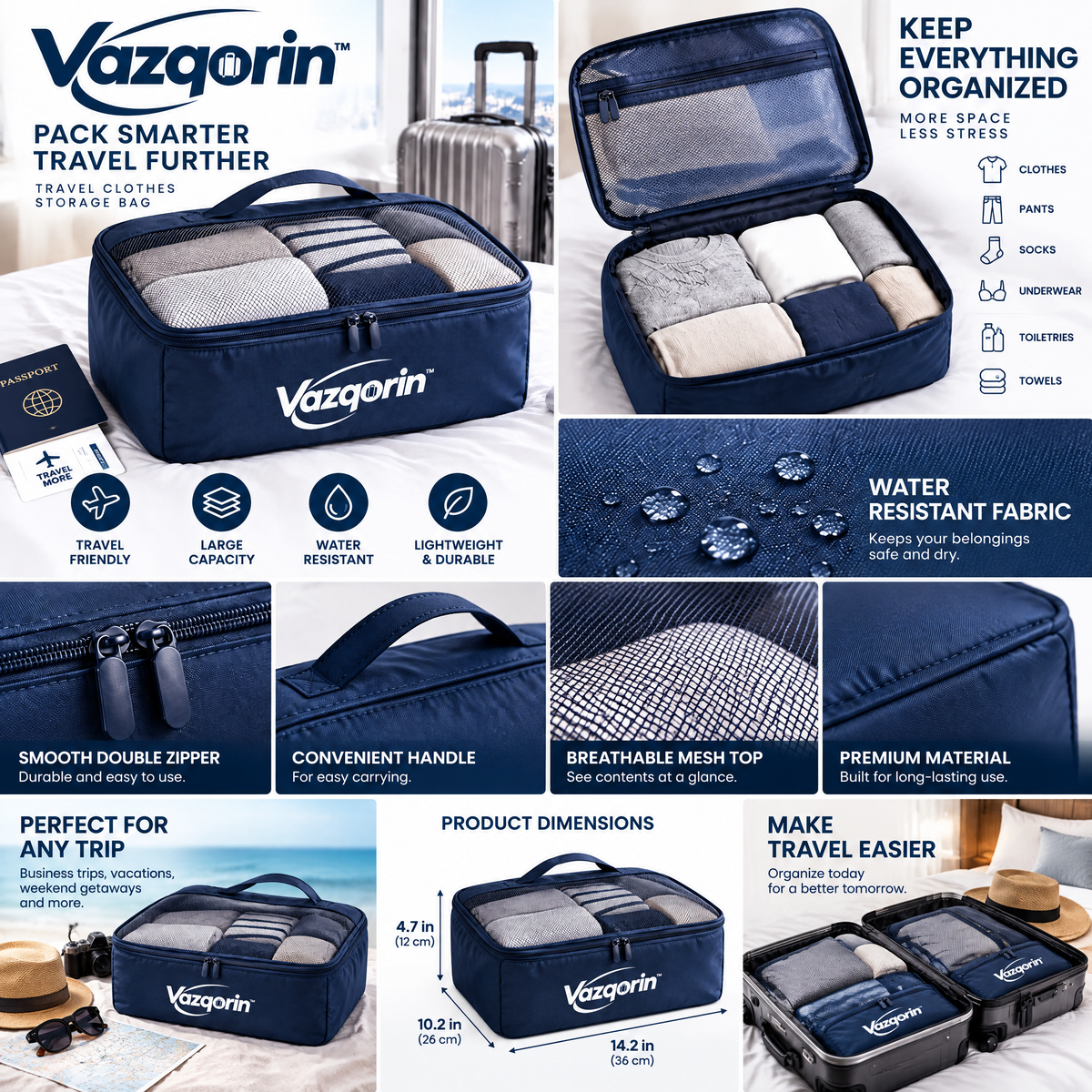 Vazqorin™ Travel Clothes Storage Bag - Large Capacity Water-Resistant Packing Cube with Handle &amp; Breathable Mesh for Suitcases