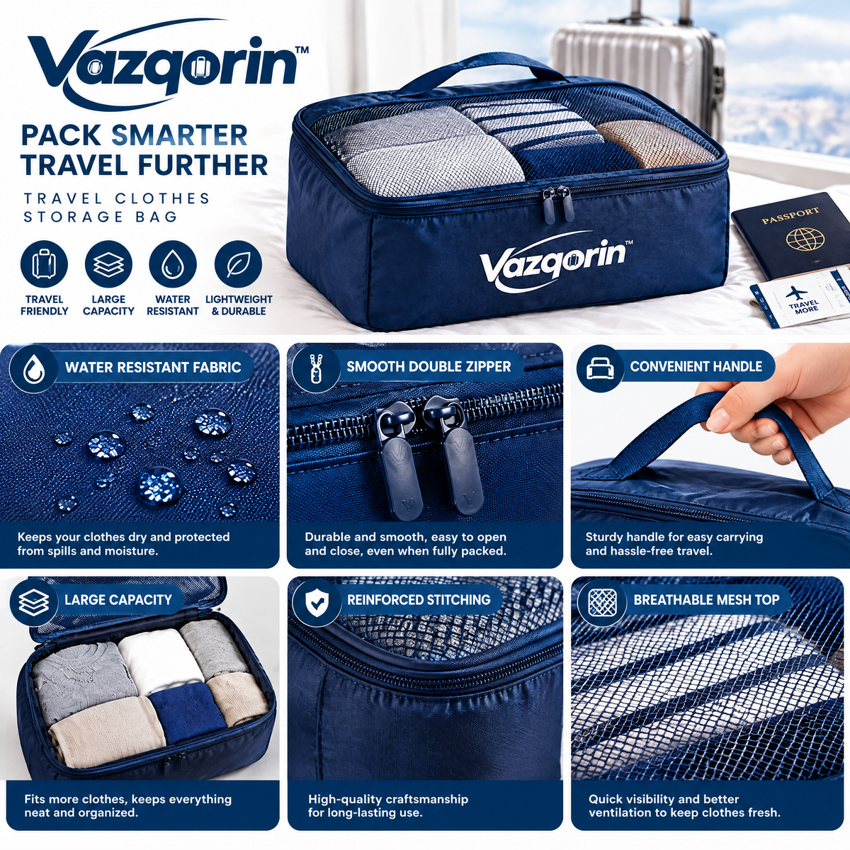 Vazqorin™ Travel Clothes Storage Bag - Large Capacity Water-Resistant Packing Cube with Handle &amp; Breathable Mesh for Suitcases