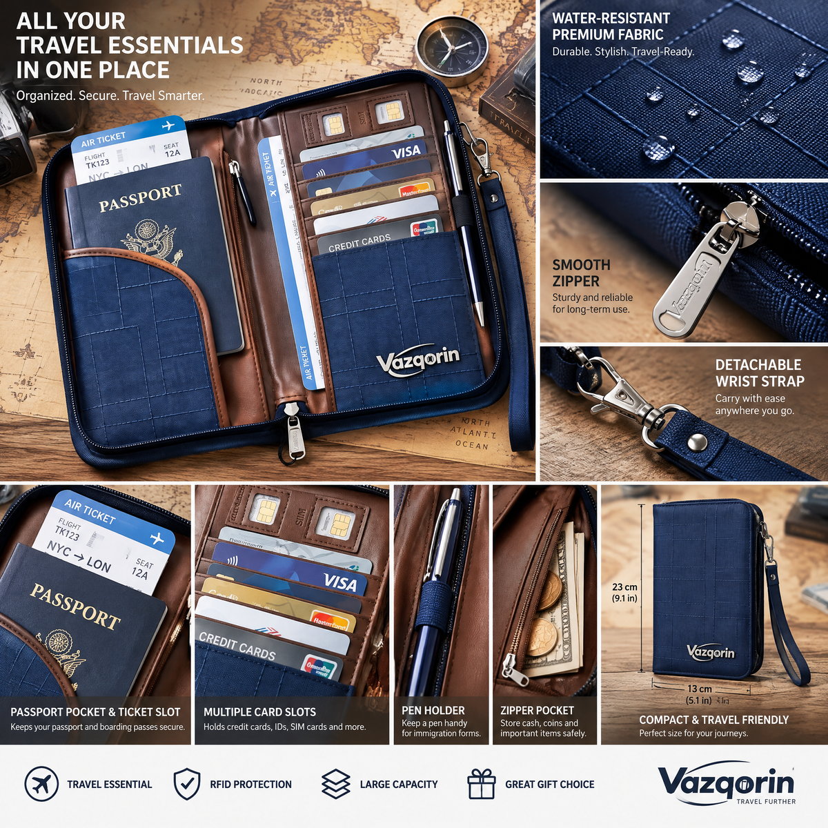 Vazqorin™ RFID-Blocking Travel Passport Wallet &amp; Document Organizer with Removable Wristlet Strap