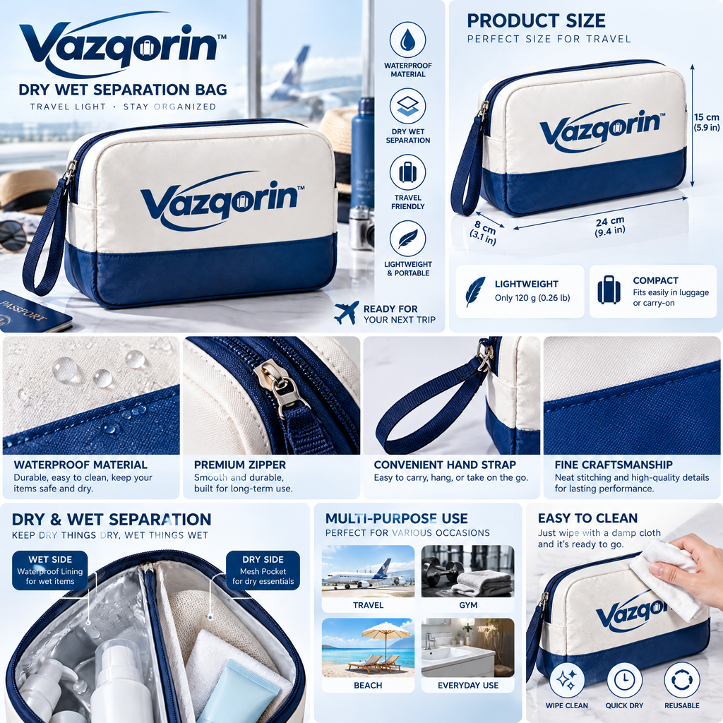 Vazqorin™ Dry Wet Separation Travel Bag – Waterproof Dual-Compartment Toiletry &amp; Cosmetic Pouch, Portable Lightweight Organizer for Travel, Gym, and Beach