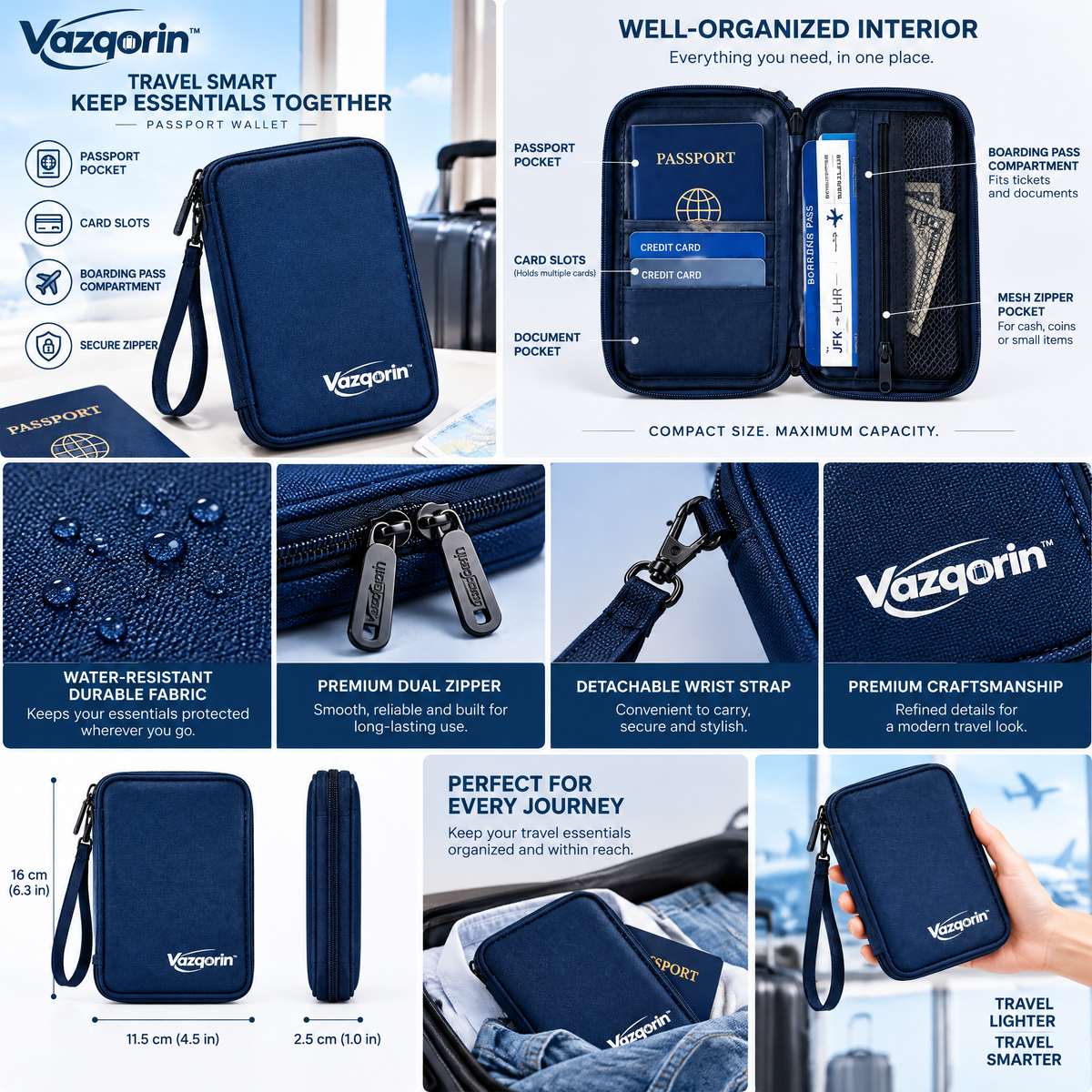 Vazqorin™ Zippered Passport Wallet – Compact Travel Document Organizer with Wristlet Strap, Card Slots &amp; Boarding Pass Pocket (Navy Blue)