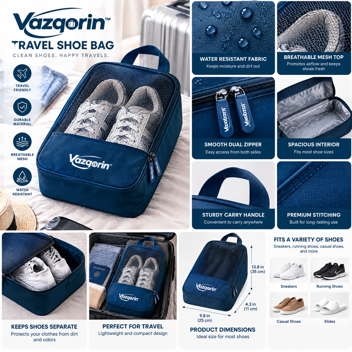 Vazqorin™ Portable Travel Shoe Bag, Water-Resistant Breathable Shoe Organizer Pouch with Handle &amp; Smooth Zipper for Luggage