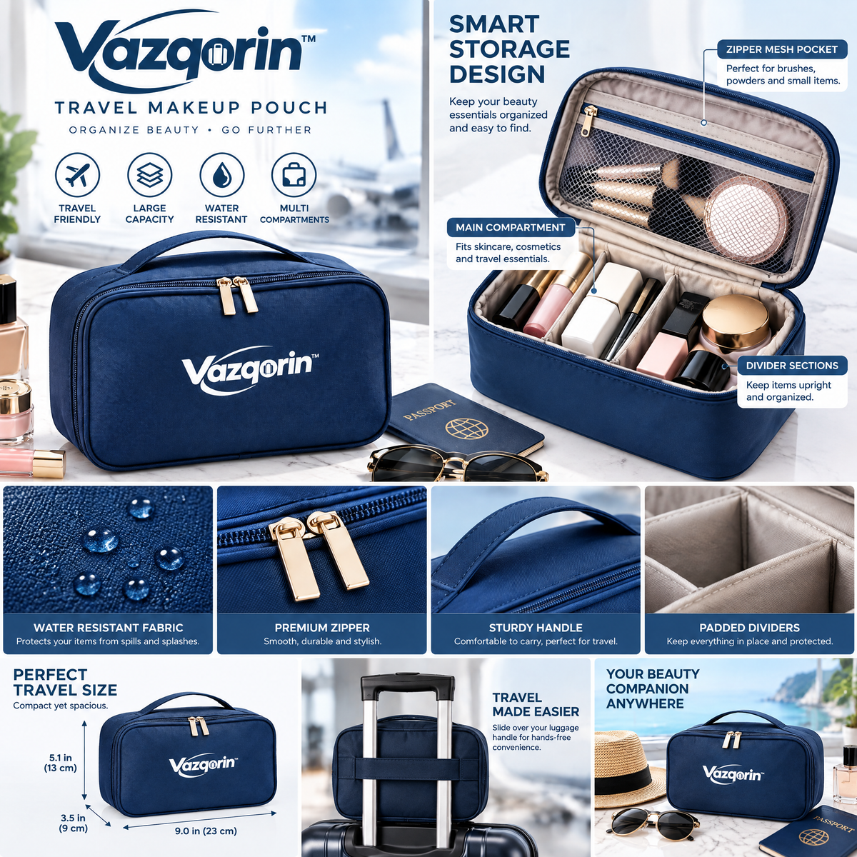 Vazqorin™ Travel Makeup Pouch – Large Capacity Water-Resistant Cosmetic Bag &amp; Toiletry Organizer with Compartments