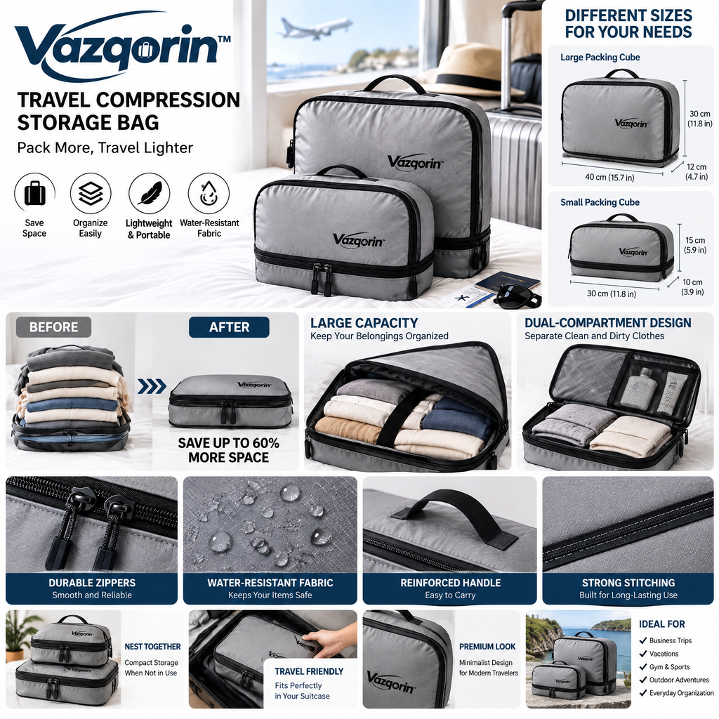 Vazqorin™ Travel Compression Packing Cubes – Lightweight, Water-Resistant Luggage Organizer Bags with Heavy-Duty Zippers