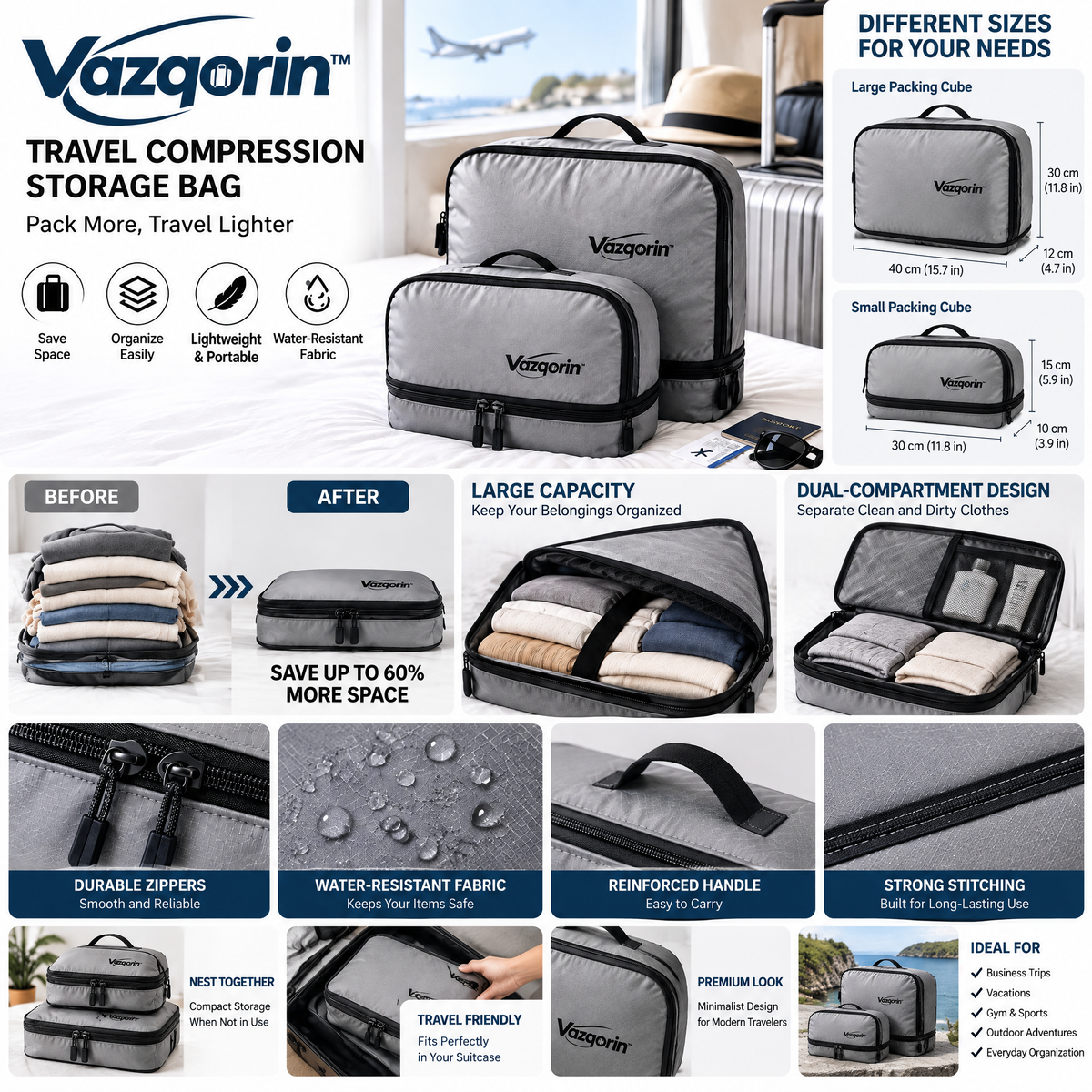 Vazqorin™ Travel Compression Packing Cubes – Lightweight, Water-Resistant Luggage Organizer Bags with Heavy-Duty Zippers