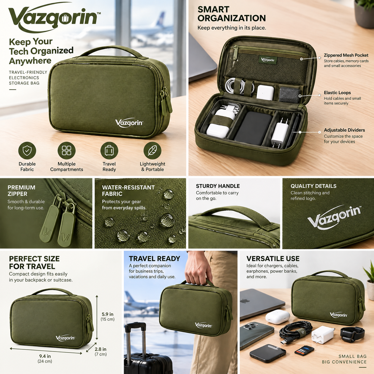 Vazqorin™ Travel Electronics Organizer Bag – Compact Cable &amp; Tech Accessory Pouch with Handle, Water-Resistant Small Gadget Storage Case for Chargers, Cords, and Power Banks (Olive Green)