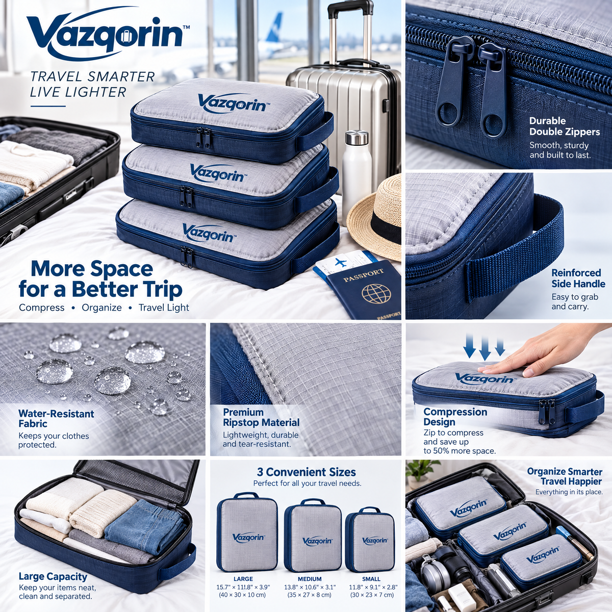 Vazqorin™ Compression Packing Cubes – Ultra-Lightweight Space Saver Luggage Organizers, Water-Resistant Travel Bags for Suitcases &amp; Carry-Ons