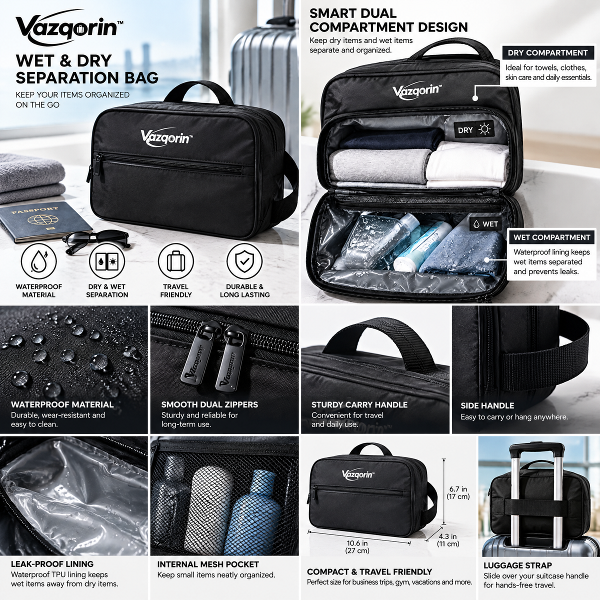 Vazqorin™ Wet &amp; Dry Separation Travel Bag – Waterproof Dual-Compartment Organizer for Clothes, Toiletries &amp; Gym Essentials