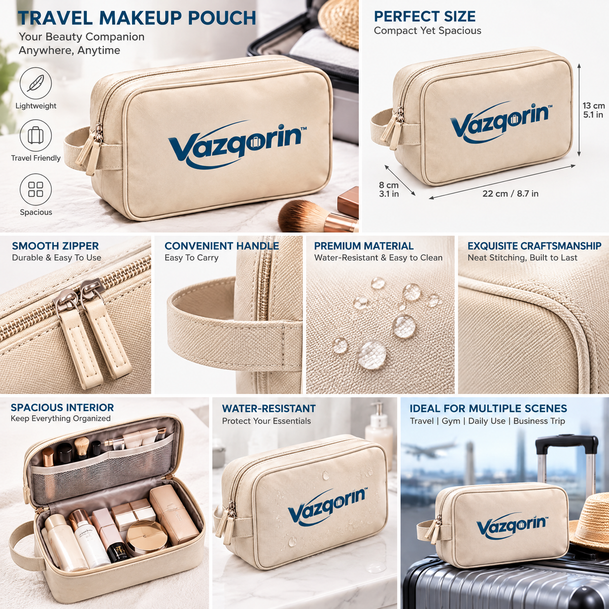 Vazqorin™ Portable Travel Makeup Pouch – Lightweight Cosmetic Bag &amp; Spacious Toiletry Organizer with Side Handle